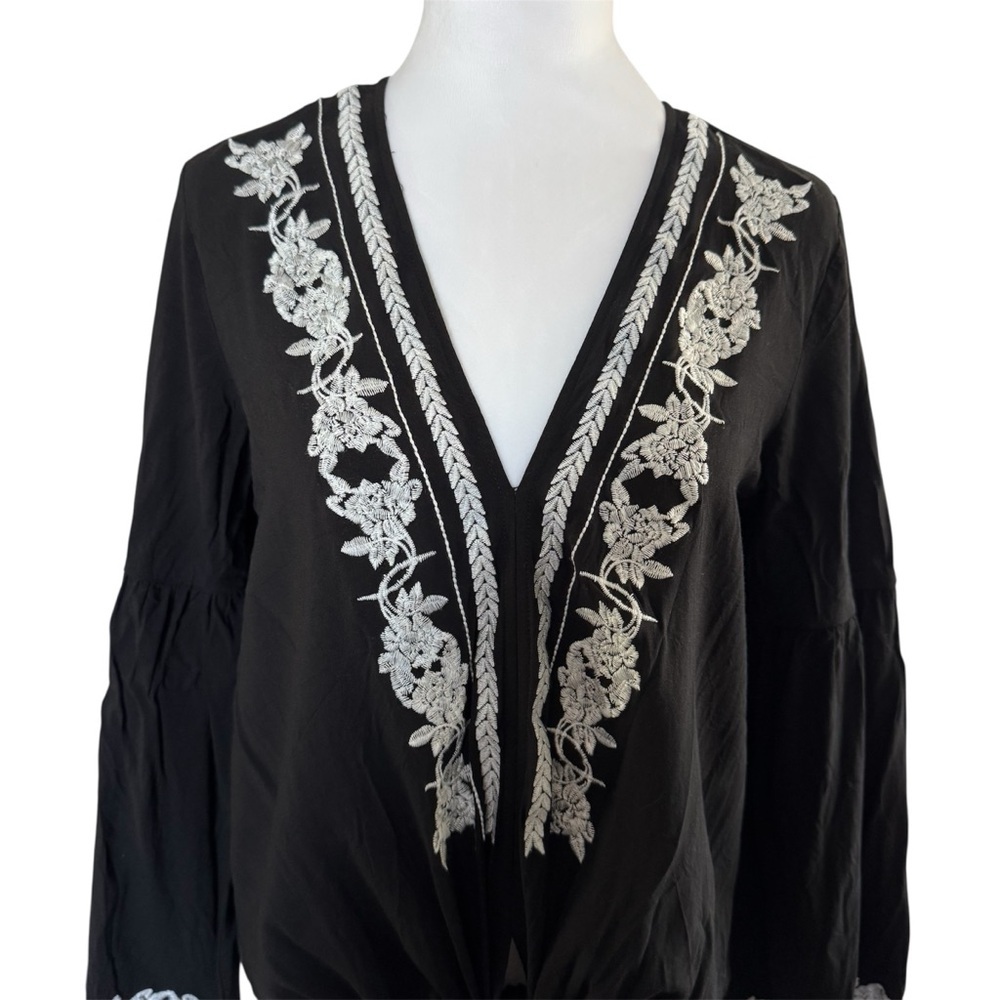 Lovestitch Black Embroidered Boho Tie-Front Top | L - Picture 3 of 11